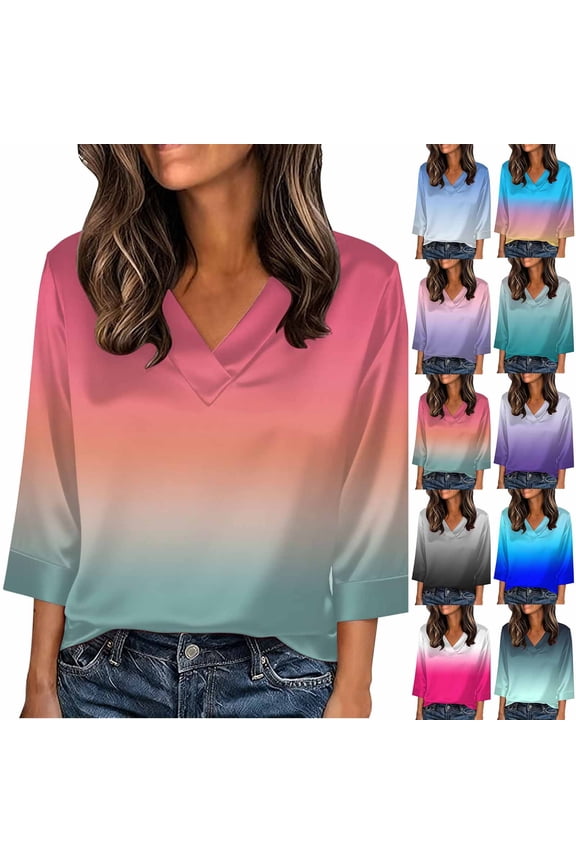 Hfnxid Women's 3/4 Sleeve Shirts Plus Size V Neck Tunics Blouse Gradient Silk Satin Offic Shirt Lightweight Breathable Going Out Shirt
