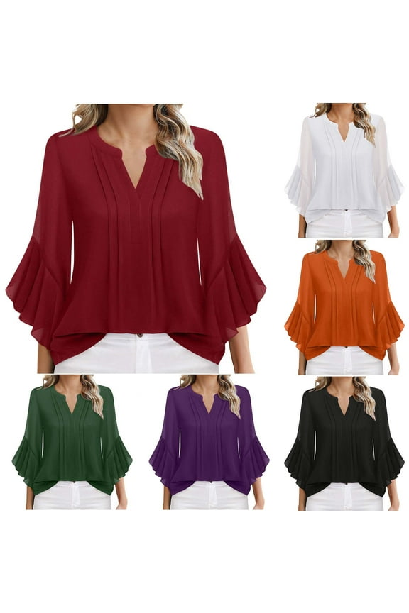 Hfnxid Women's 3/4 Sleeve Tops Pleated Henley Tunics Shirt Casual Loose Fit Puffle Sleeves Top Holiaday Party Fashion Blouses