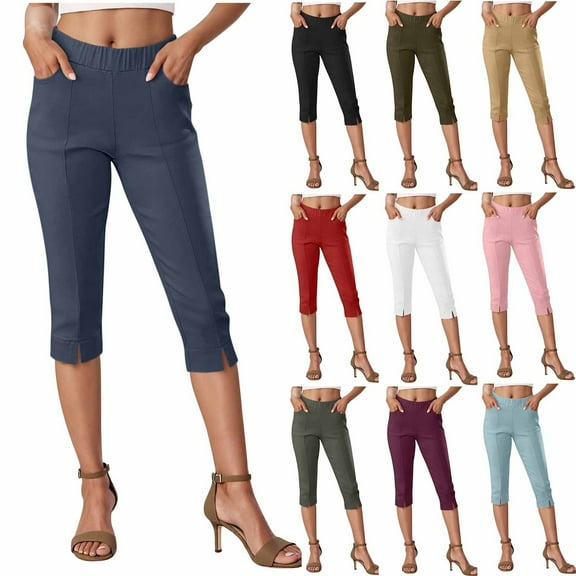 Hfnxid Women's Capri Pants with Pockets High Waist Tummy Control Pant Slim Fit Stretchy Trousers Fashion Casual Solid Capris Pant White