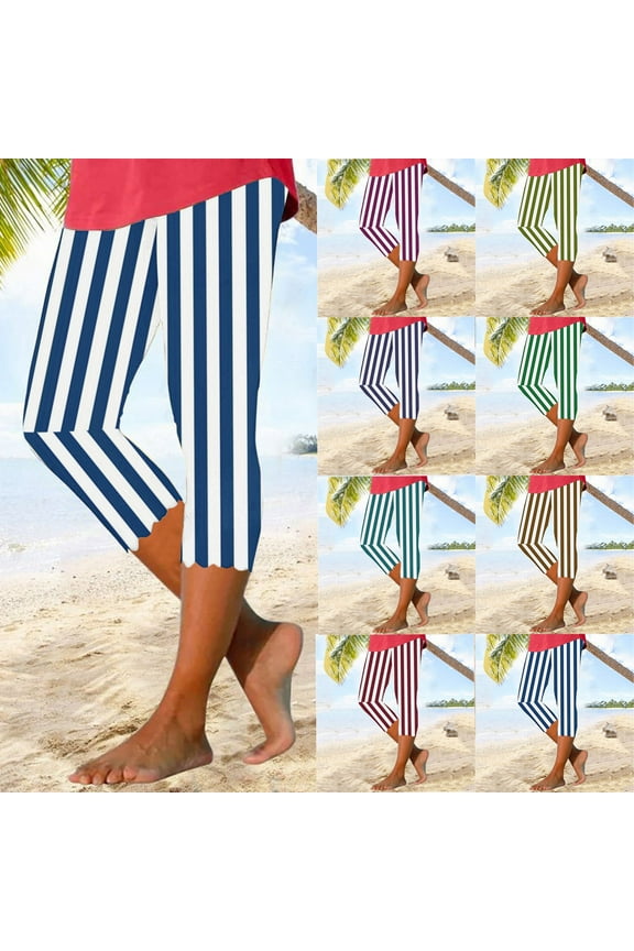 Hfnxid Women's Capris Pant High Waist Yoga Pants Stretchy Striped Workout Trouser Summer Casual Vacation Beach Pants Compression Leggings Sky Blue XXL