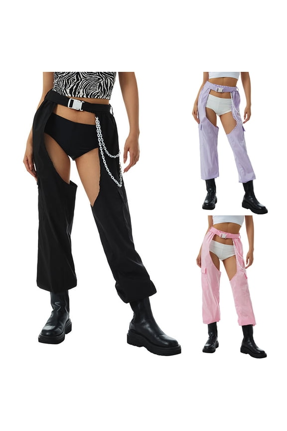 Hfnxid Women's Cargo Pant Buckle Bottomless Pants Fashion Hollow Out See Through Trousers Rave Chaps Hiphop Rock Crotch Trouser Black S