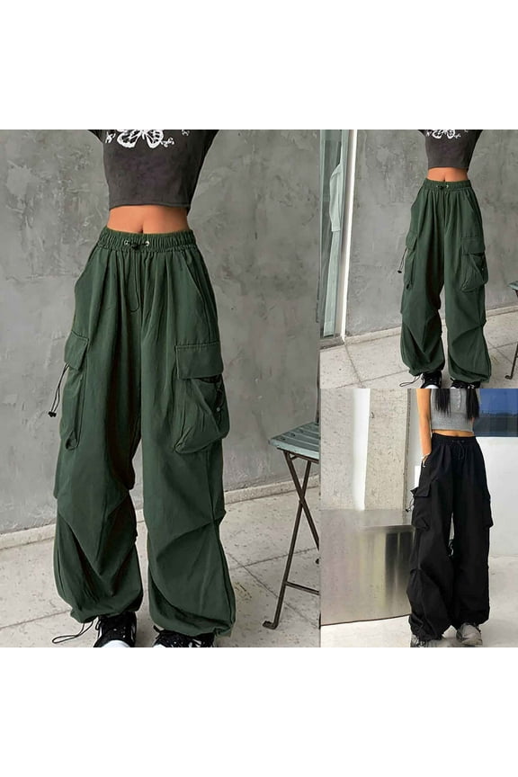 Hfnxid Women's Cargo Pants Loose Fit Elastic Waist Parachute Pant Drawstring Lightweight Wide Leg Trouser Trendy Y2K Outdoor Hiking Trousers Black M