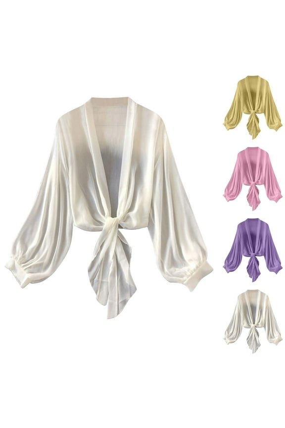 Hfnxid Women's Chiffon Top Deep V Neck Knot Bolero Cardigan Casual Lightweight Tie Front Knot Shirt Summer Wrap Crop Vacation Top White M
