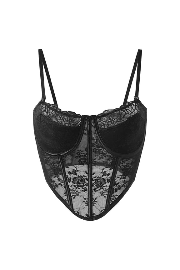 Hfnxid Women's Corset Top Lace Mesh Spaghetti Strap Bustier Fishbone Overbust Corsets Tops Nightclub Lingerie Bustiers Black M