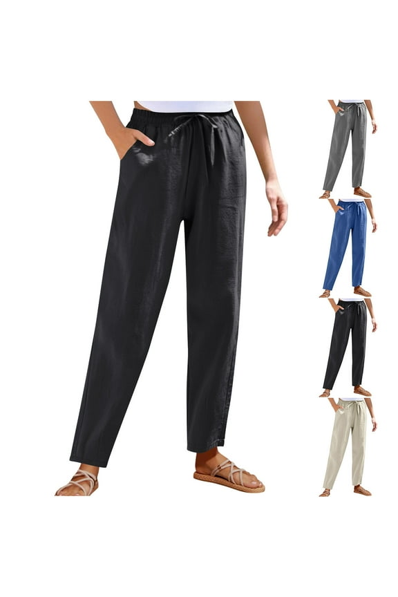 Hfnxid Women's Cotton Linen Pant Elastic Waist Wide Leg Sweatpants Lightweight Breathable Workout Pant Casual Loose Fit Going Out Athletic Pants with Drawstring Blue XXL