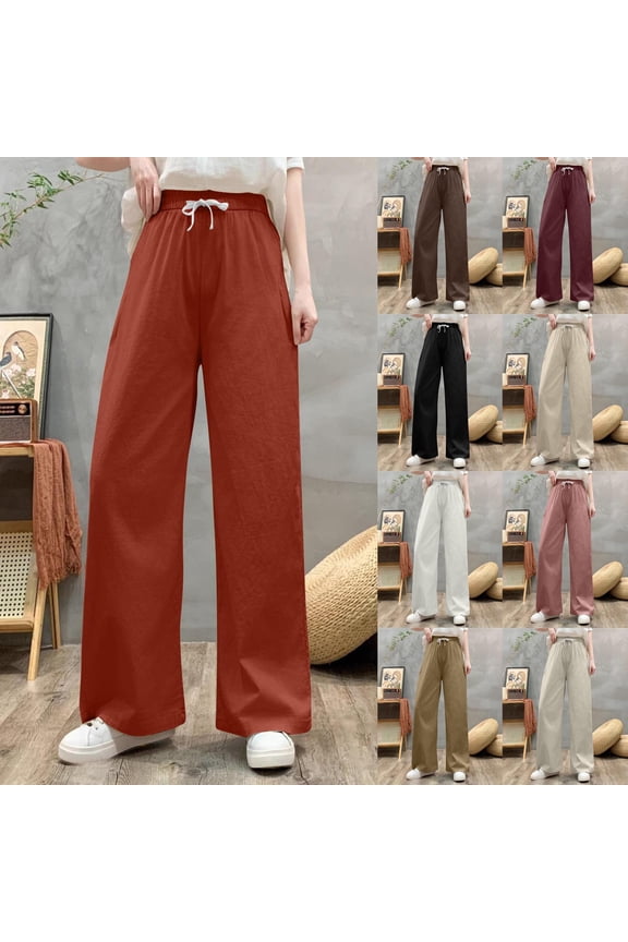 Hfnxid Women's Cotton Linen Wide Leg Pants Solid Color Elastic Waist Trouser Loose Fit Straight Legged Pant Beach Vacation Casual Trousers with Pockets Beige XXXL