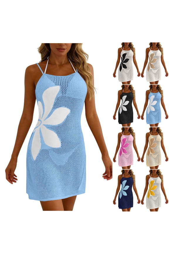 Hfnxid Women’s Crochet Cover Up Halter Neck Sleeveless Sundress Hollow Out Breathable Swimsuit Summer Floral Printed Vacation Beach Mini Dress Light Blue XXL