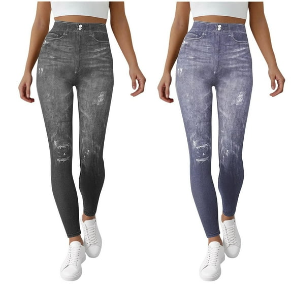 Hfnxid Women's Denim Print Yoga Leggings Seamless Stretchy High Waisted Pant Full Length Skinny Tight Trouser with Pockets