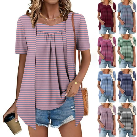 Hfnxid Women's Fake-Two Piece Tunic Tops Casual Striped Short Sleeve Shirt Lightweight Pleated Vacation T-Shirts Fashion Color Block Patchwork Blouse Navy L