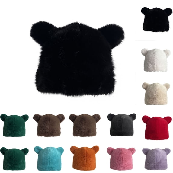 Hfnxid Women's Faux-Mink Fluffy Bear-Ear Cold-Weather Beanie, Plush Fleece-Lined Thick Warm Skull Cap with Cuffed Edge, Cozy Animal-Style Winter Hat