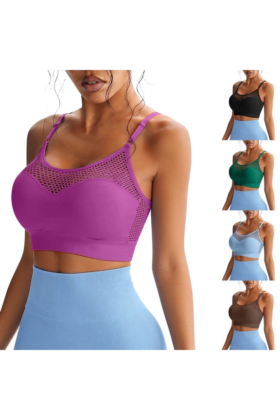 Women's Fishnet Wireless Sports Bra Criss Cross Back Crop Tops Push Up Workout Bralettes Cozy Yoga Tank Top