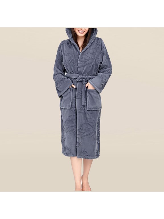 Hfnxid Women's Fleece Hooded Robe Textured Plush Bathrobe Soft Thickened Warm Sleepwear Soft Casual Housecoat Navy,Free Size