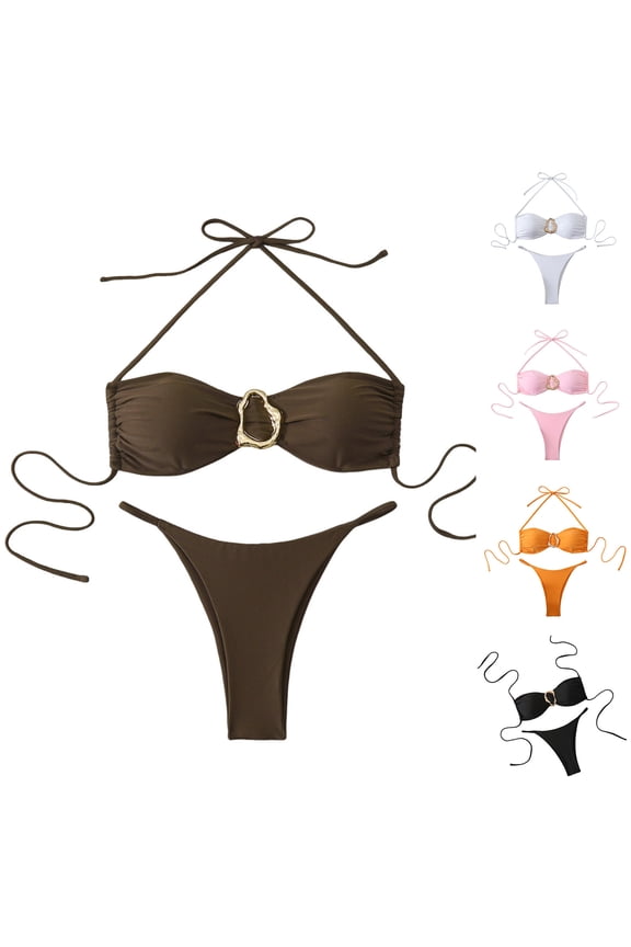 Hfnxid Women's Halter Bikini Sets Self Tie Thong Bathing Suits Ring Linked Tie String Tie Two Piece Beach Swimsuits Black M