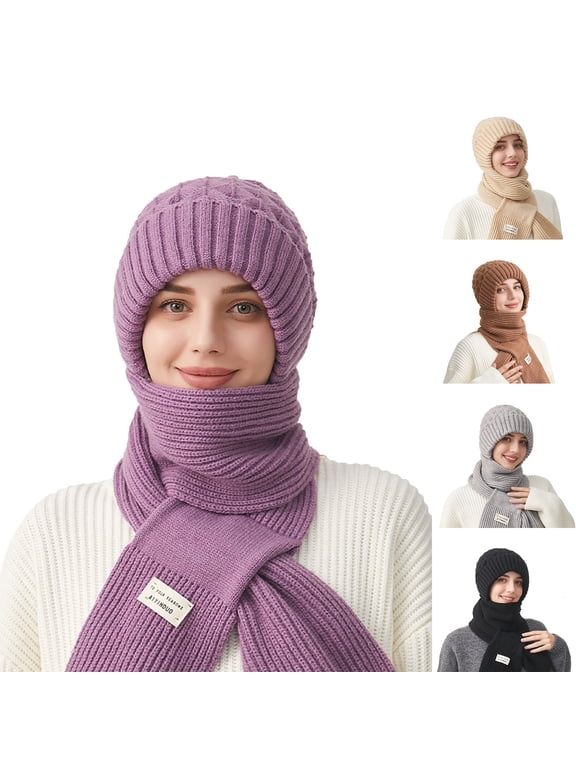 Women's Hooded Scarf Hat 2-in-1 Knit Set, Ear-Flap Beanie with Attached Neck Warmer, Cozy Thermal Full-Head Winter Cap for Bitter Outdoor Cold