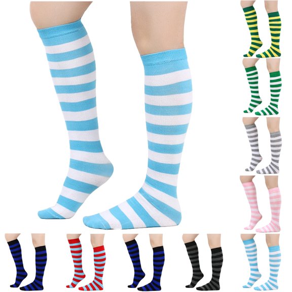 Hfnxid Women's Knee High Striped Socks Funny Novelty Athletic Tube Socks Long Casual Stockings Pink Free Size