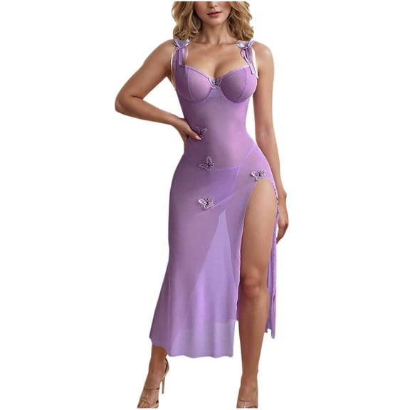 Hfnxid Women's Lingerie Side Slits Maxi Mesh Dress Butterfly Long Babydoll One Piece with Thong