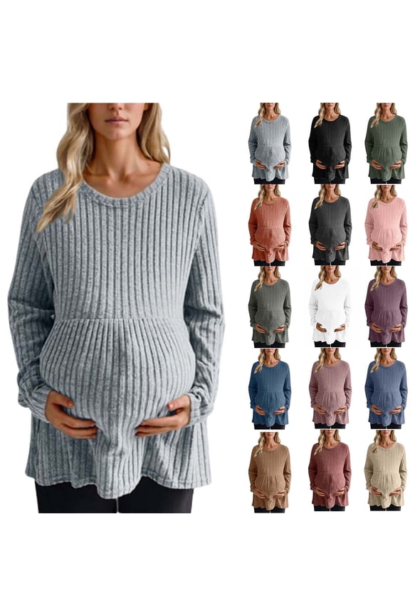 Hfnxid Women's Maternity Sweater Loose Ribbed Knit Long Sleeve Tops Solid Color Lightweight Sweaters Comfy Pregnancy Wear Fall Winter Clothes Red S