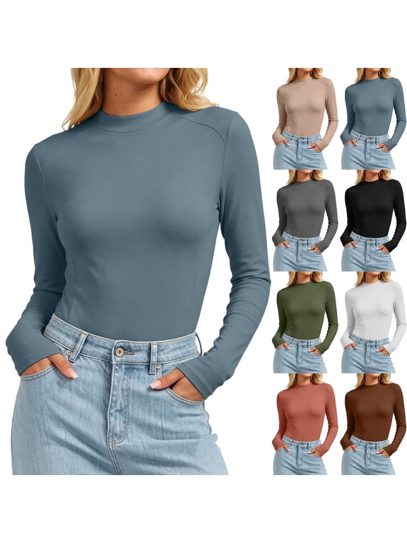 Hfnxid Women's Mock Neck Long Sleeve Tops Slim Fit Stretchy Basic Tee Shirts Fall Layering Undershirt Tees