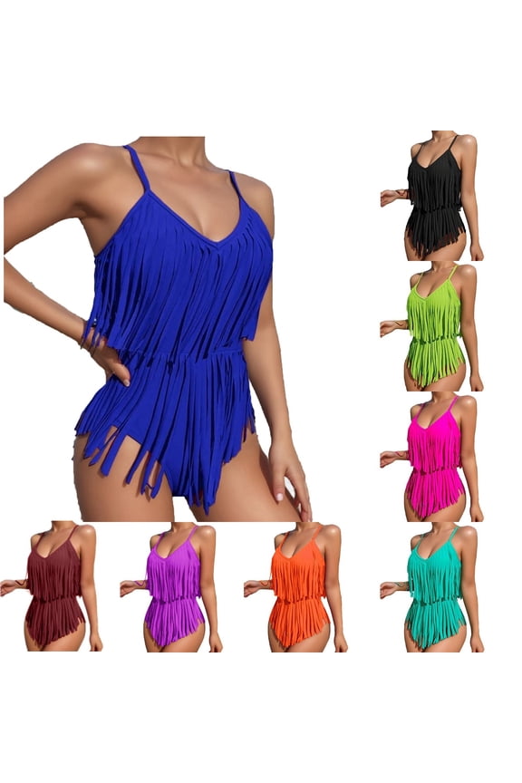 Hfnxid Women's One Piece Swimsuits Fringe Trim Tummy Control Bathing Suit Adjustable Spaghetti Strap Bathsuits Beach Fashion Bikinis Set Black M