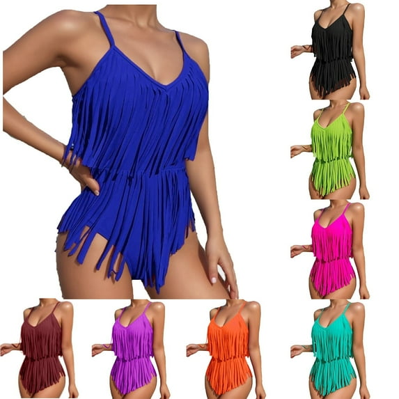 Hfnxid Women's One Piece Swimsuits Fringe Trim Tummy Control Bathing Suit Adjustable Spaghetti Strap Bathsuits Beach Fashion Bikinis Set Mint Green L