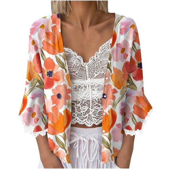 Hfnxid Women's Open Front Cropped Cardigan Lace 3/4 Sleeve Shawls Tops Lightweight Floral Printed Kimono Cardigans