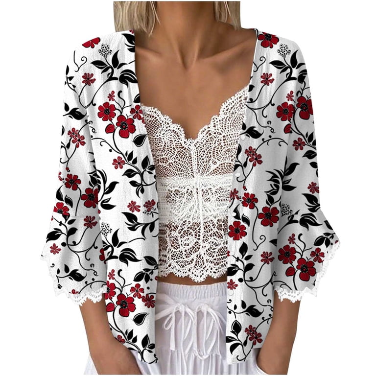 Hfnxid Women's Open Front Cropped Cardigan Lace 3/4 Sleeve Shawls