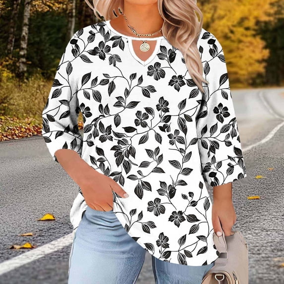 Hfnxid Women's Plus Size 3/4 Sleeve Top Floral Graphic Keyhole Neck Blouse Stretchy Loose Fit Casual Shirt Summer Fashion Holiday Streetwear Top Gray XXXXL