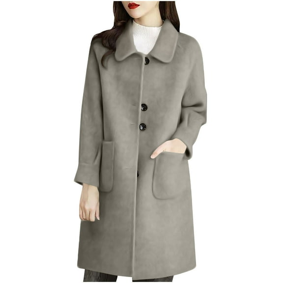 Hfnxid Women's Plus Size Pea Coat Casual Thicken Button Down Lapel Overcoat Mid Long Wool Blend Jackets with Pockets