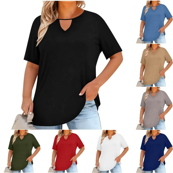 Hfnxid Women's Plus Size Tops Summer Short Sleeve Shirts Loose Fit Keyhole Hollou Out Crew Neck Shirt Dressy Trendy Blouse