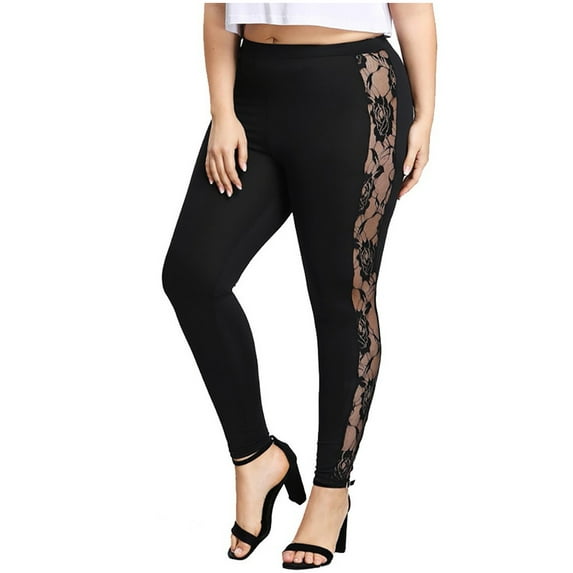 Hfnxid Women's Sheer Mesh Lace Leggings Stretchy High Waist Long Pants Lightweight Casual Pants Plus Size Comfy Pants Lace Insert Sheer Leggings