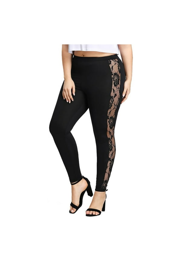 Women's Sheer Mesh Lace Leggings Stretchy High Waist Long Pants Lightweight Casual Pants Plus Size Comfy Pants Lace Insert Sheer Leggings