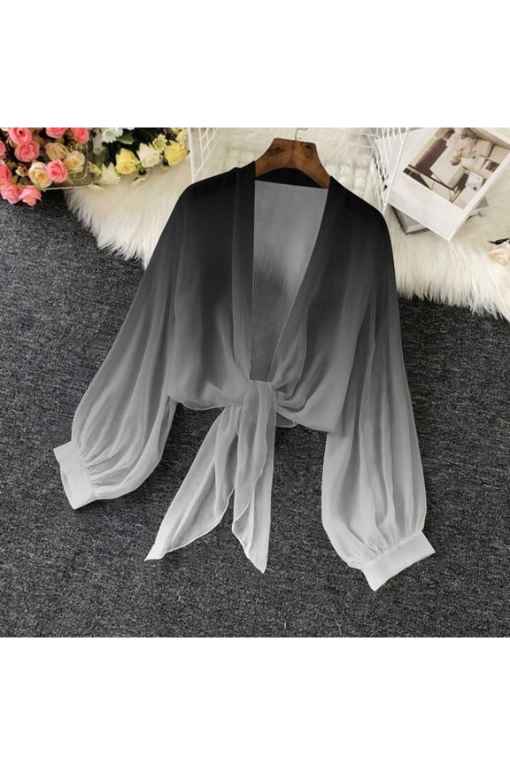 Hfnxid Women's Shrugs Top Fashion Gradient Long Sleeve Blouse Open Front Sheer Lightweight Blouses Mesh Cardigan Bolero Shrug Tops Multicolor S