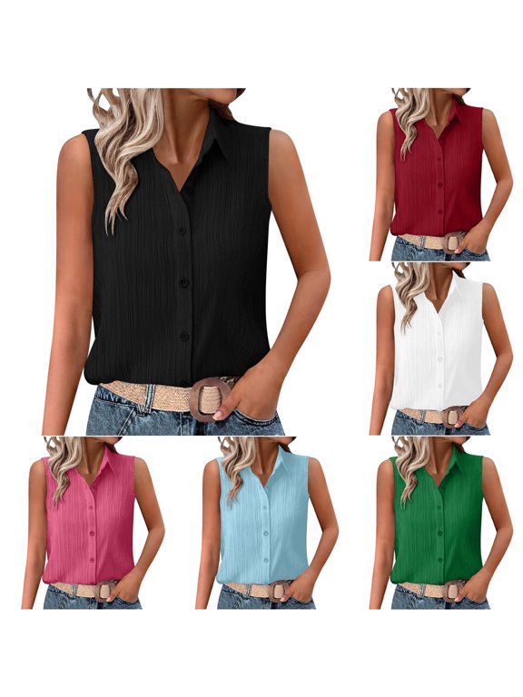 Hfnxid Women's Sleeveless Shirt Button Down Collared Tunic Tank Shirts Hidden-Button Front Office Casual Blouses Summer Loose Fit Lightweight Work Tops Black XXL