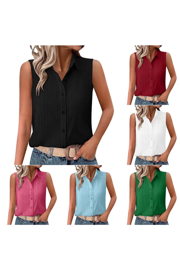 Hfnxid Women's Sleeveless Shirt Button Down Collared Tunic Tank Shirts Hidden-Button Front Office Casual Blouses Summer Loose Fit Lightweight Work Tops Black XXL