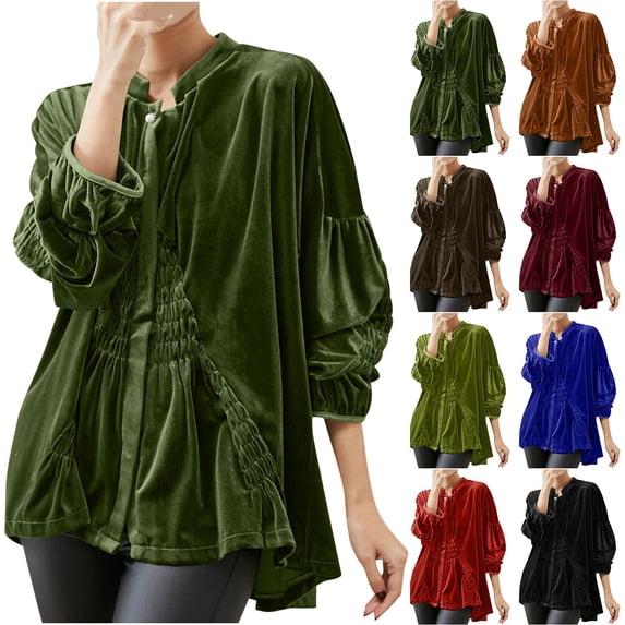 Hfnxid Women's Solid Color Velvet Blouse 3/4 Length Sleeve Tops 2026 Elegant Tops Trendy Evening Party Shirts Spring Summer Blouses Loose Office Work Shirts