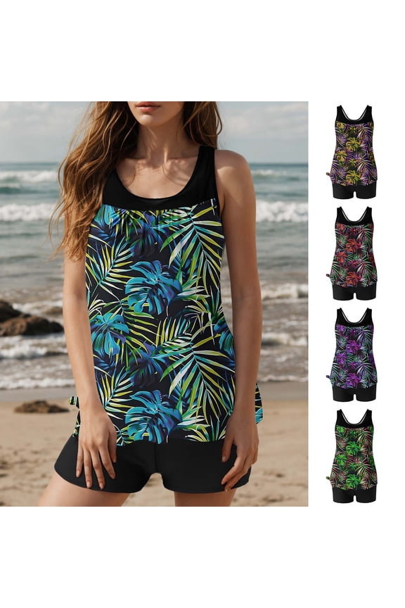 Hfnxid Women's Tankini Swimsuit Tummy Control Bathing Suits with Shorts Floral Printed 2 Piece Swimsuits Casual Vacation Lightweight Swimwear Yellow L