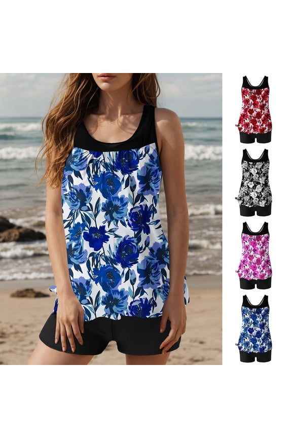 Hfnxid Women's Tankini Swimsuits with Shorts Two Piece Floral Printed Bathing Suits Stretchy Tummy Control Bathsuit Summer Beach Athletic Swimwear Red S