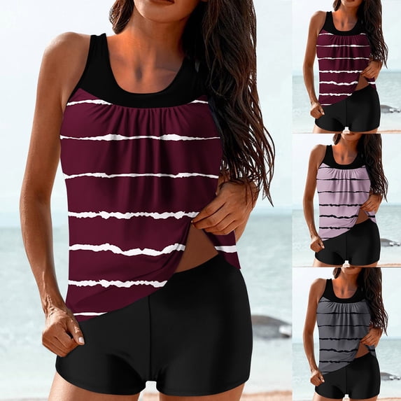 Hfnxid Women's Tankini Swimsuits with Short Two Piece Tummy Control Bathing Suits Stripe Printed Swimwear For Summer Vacation Gray M