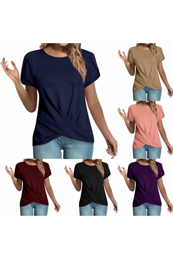 Hfnxid Women's Top Crewneck Short Sleeve T Shirts Crossover Hem Casual T-Shirts Summer Comfy Loose Fit Solid Basic Tees Pink XXL