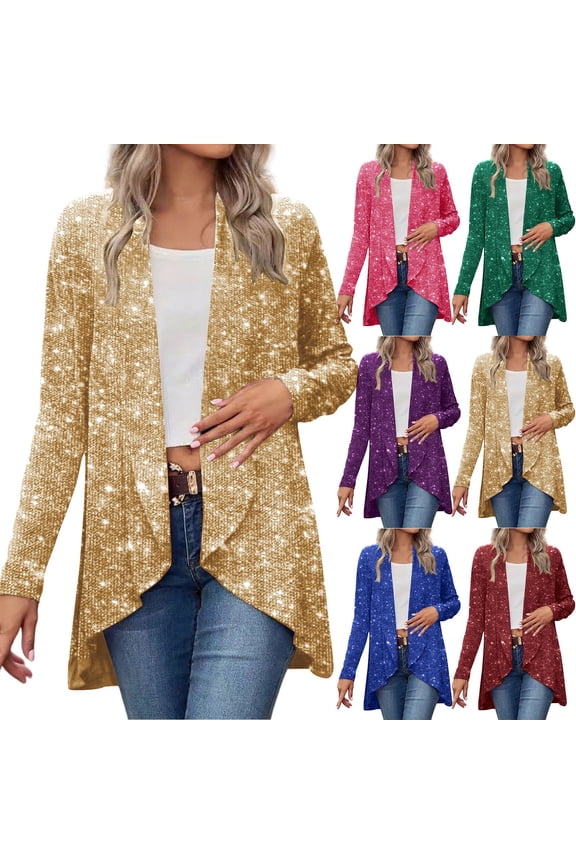 Hfnxid Women's Top Fashion Loose Fit Sequin Blazer Open Front Sparkle Coat Holiday Evening Party Glitter JacketBlueXXL