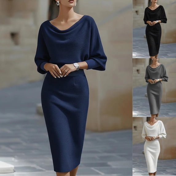 Hfnxid Women's Tunic Dress Batwing Sleeve Sheath Bodycon Midi Dresses Cowl Neck Ruched Business Frock Fashion Office Pencil Dress Navy XXL