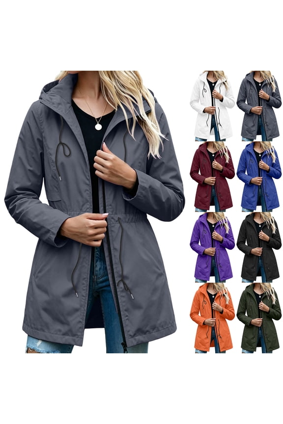 Hfnxid Women's Waterproof Rain Jacket Loose Fit Hooded Windbreaker Long Warm Softshell Coat Fall Casual Active Outdoor Jacket Gray S