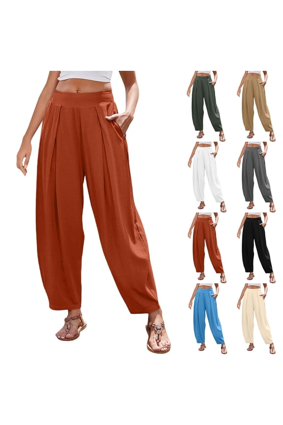Hfnxid Women’s Wide Leg Pant Fashion Loose Fit Boho Pants Lightweight Stretch Drawstring Lounge Trousers Summer Casual Harem Beach Vacation Trouser Khaki M