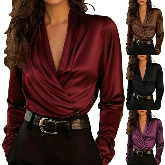 Hfnxid Women’s Wrap Shirt Satin V Neck Long Sleeve Blouse Slim Fit Pleated Front Business Blouse Formal Chic Daily Styling Shirt Wine XL