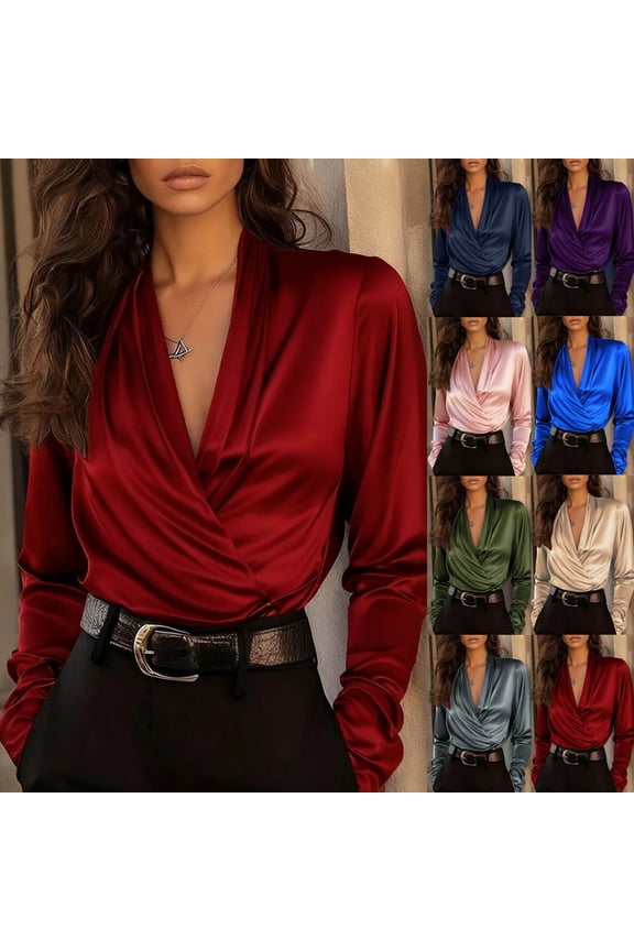 Hfnxid Women’s Wrap Shirt Satin V Neck Long Sleeve Blouses Slim Fit Pleated Front Business Blouse Formal Casual Top Chic Daily Styling T-Shirt Blue S