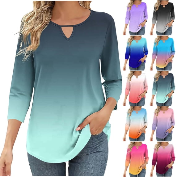 Hfnxid Womens 3/4 Sleeve Tops Hollow Gradient Tunic T-Shirts Casual Vacation Crew Neck Shirt Fashion Breathable Outdoor Top