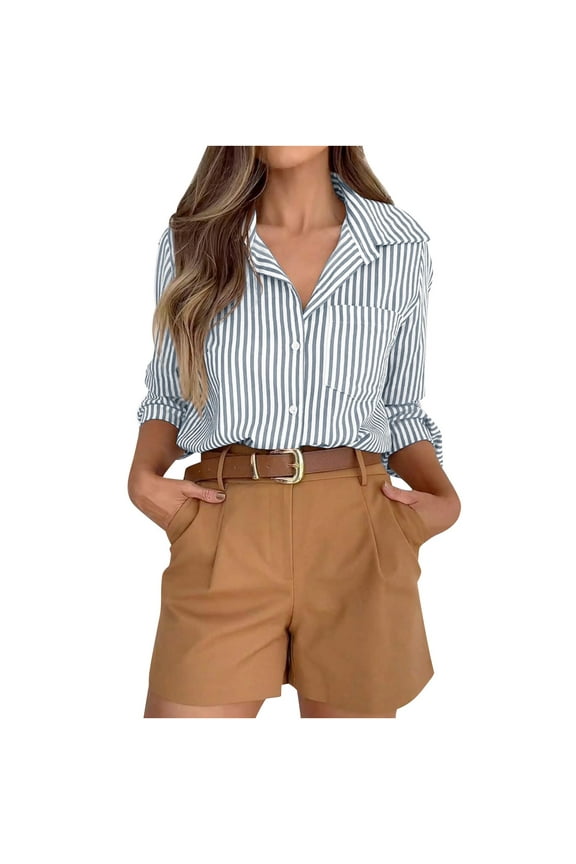 Womens Button Down Shirt Long Sleeve Striped Dress Shirts Wrinkle Resistant Collared Office Blouses