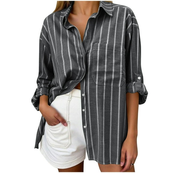 Hfnxid Womens Button Down Shirt Long Sleeve Striped Shirts Oversized Boyfriend Collared Blouses Office Work Blouses Tops with Pocket