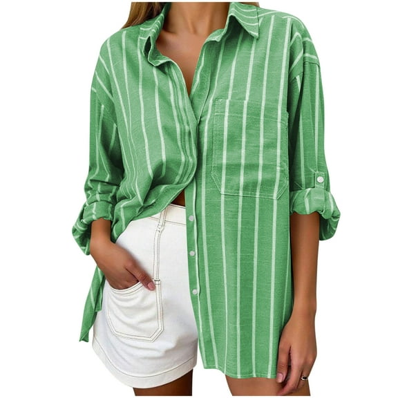 Hfnxid Womens Button Down Shirt Long Sleeve Striped Shirts Oversized Boyfriend Collared Blouses Office Work Blouses Tops with Pocket