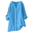 thumbnail image 1 of Hfnxid Womens Button Down Shirts Plus Size Cotton Linen Shirt Roll Up Long Sleeve Tops V Neck Casual Loose Fit Blouses with Pocket, 1 of 6